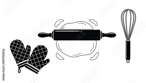 Oven mitt silhouette icon with rolling pin and whisk illustration