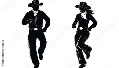 A cowboy and cowgirl dancing in black silhouette vector illustration style