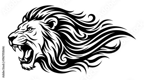 Vector Illustration of Roaring Lion Head Profile with Flowing Mane, Bold Black and White Tattoo Style Emblem, Powerful Wildlife Animal Graphic Art Design