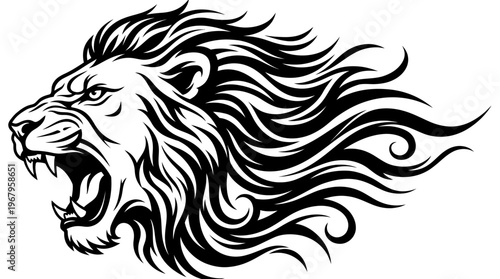 Vector Illustration of Roaring Lion Head Profile with Flowing Mane, Bold Black and White Tattoo Style Emblem, Powerful Wildlife Animal Graphic Art Design