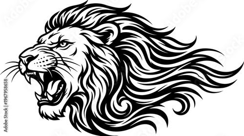 Vector Illustration of Roaring Lion Head Profile with Flowing Mane, Bold Black and White Tattoo Style Emblem, Powerful Wildlife Animal Graphic Art Design
