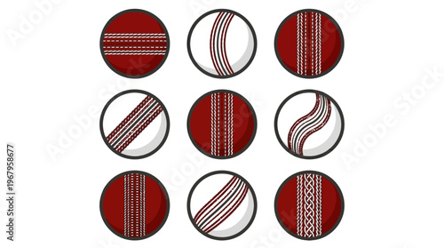 Vector Circular Icons Displaying Cricket and Baseball Ball Seam Stitch Patterns in Red and Cream Designs, Sports Equipment Illustration, Athletic Graphic Art Template