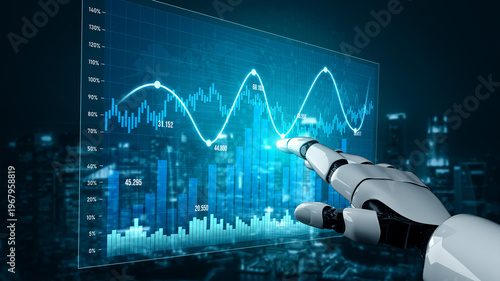 Photos A robotic hand interacts with a transparent digital screen showcasing financial data and analytics, highlighting technological advancements in an urban setting