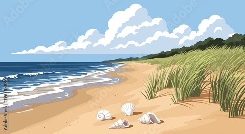 A tranquil vector landscape depicting a secluded coastline where gentle waves lap the golden shore, guarded by tall dune grasses and featuring four unique seashells under a voluminous, cloudy sky