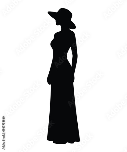 Elegant silhouette of a woman wearing a wide-brimmed hat and a long flowing dress, standing gracefully in profile, evoking sophistication and timeless fashion.