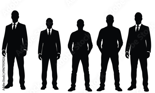 A diverse group of five male silhouettes, showcasing varied body types and fashion styles, from sharp business suits to casual modern wear, standing confidently, bold black vector art.