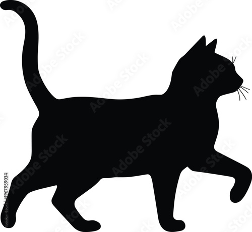 Black Cat Silhouette Isolated on White Background Walking with Raised Paw and Long Tail for Minimalist Vector Graphic Design and Creative Animal Projects