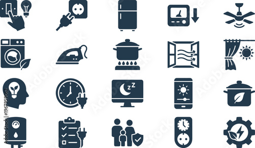 Essential collection of smart home, energy saving, and electricity management icons for efficient living.