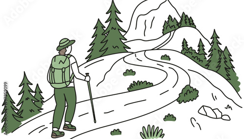 Hiker walking on a winding mountain trail with a backpack and trekking pole