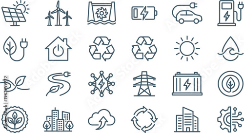 A comprehensive collection of outline icons representing renewable energy, sustainability, and eco-friendly technology solutions.