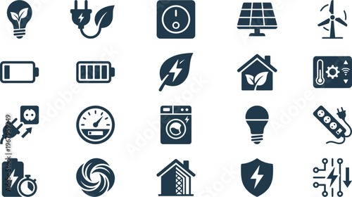 A comprehensive set of modern dark blue energy, electricity, and sustainable power icons.