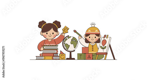 Children Studying with Books and Globe.