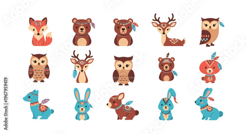 Collection of Cartoon Forest Animals and Rabbits.