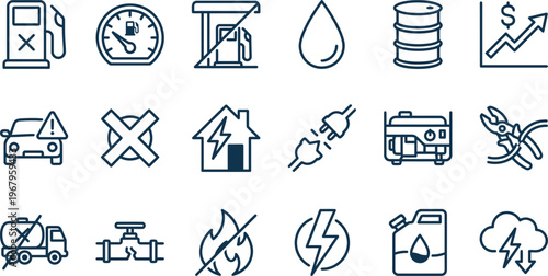 Modern set of line icons illustrating global energy, fuel, power, and utility challenges.