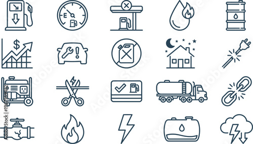 A comprehensive collection of modern outline icons illustrating energy, fuel, power, and utility-related concepts and services.
