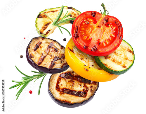 falling grilled vegetables isolated on white background, cutout