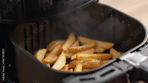 Golden potato wedges cooking in a steaming air fryer basket, close-up shot.