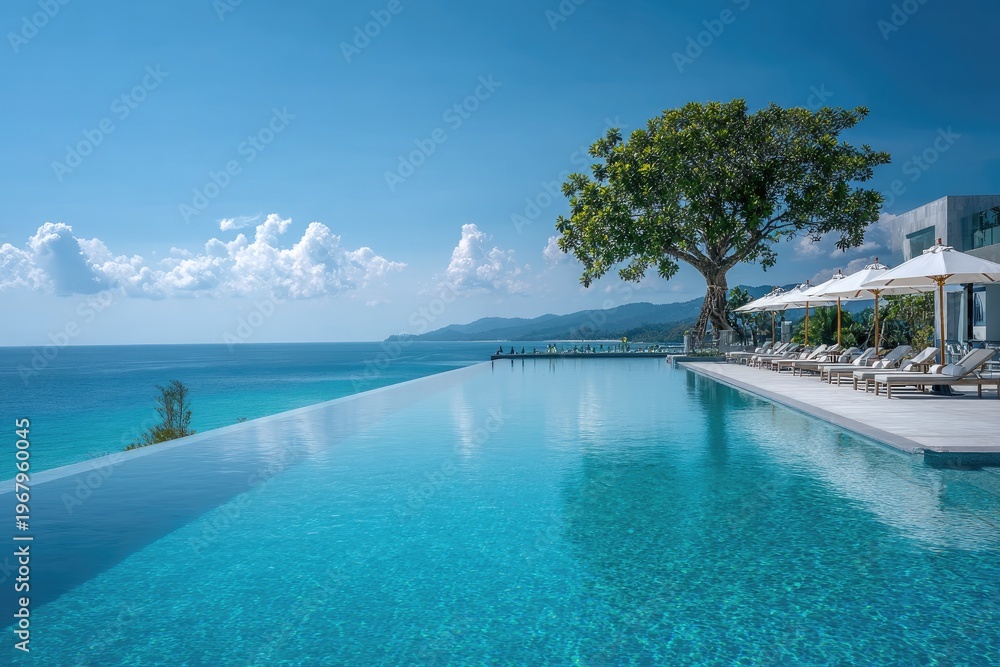 Obraz premium Infinity pool overlooking ocean with tree, umbrellas, and sunny blue sky