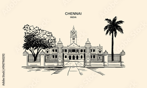 Chennai India Government Building Sketch with Palm Tree and Tree drawing