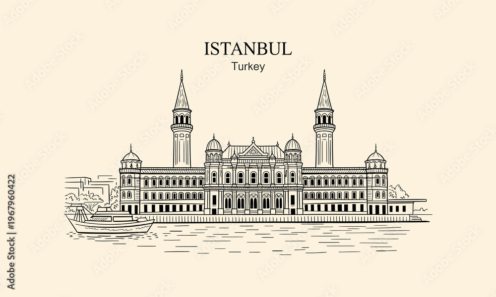 Fototapeta premium Istanbul Turkey Architectural Landmark Sketch with Boat on Water architecture building