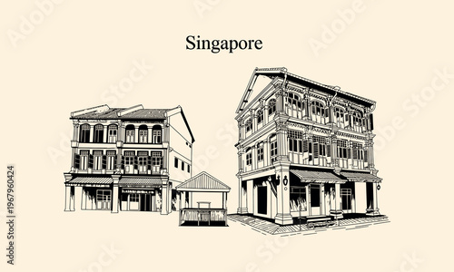 Hand Drawn Sketch of Traditional Shophouses in Singapore Architecture Colonial Architecture