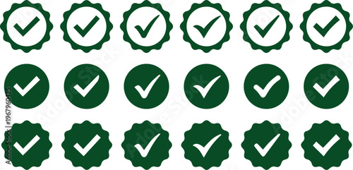 Green Check Mark Vector Icons, 18 Approval and Verification Symbols. Modern Graphic Elements for UI, Web, and Business Design, Success and Completion Concepts.