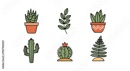 Collection of Various Cartoon Cacti and Succulents.
