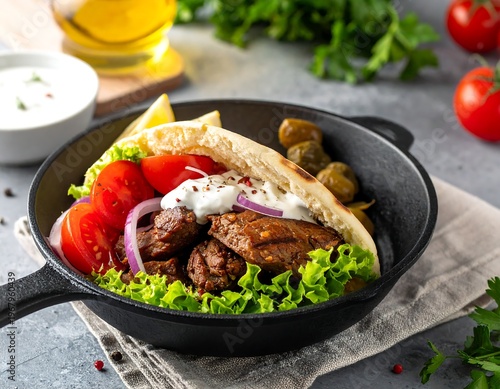 A hearty gyro, filled with grilled meat, fresh vegetables, and creamy sauce, served in a cast iron skillet