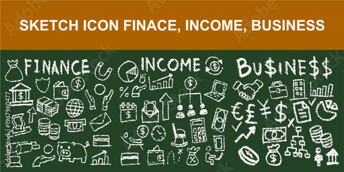 Chalk drawing icon set finance income and business vector for math classes. Ideal for symbolizing vintage accounting, school economics, and chalkboard wealth generation.