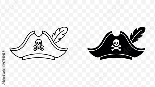 Pirate hat icon, skull and crossbones, feathered pirate cap, modern outline and solid style isolated on Transparent Background