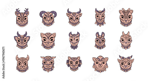 Collection of various fantasy animal masks faces.
