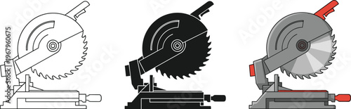 Professional electric miter saw vector illustration set featuring line art silhouette and colorful styles for industrial woodworking and construction projects,