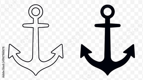 Minimalist anchor icons in line and solid black for nautical designs and maritime themes isolated on Transparent Background