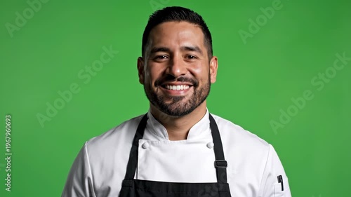 Smiling male chef in professional uniform against green background