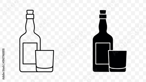 Minimalist liquor bottle and glass icons in line and solid black style for cocktail or beverage design isolated on Transparent Background