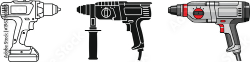 Professional electric power drill and hammer drill vector illustration set featuring line art silhouette and colorful styles for construction,