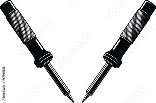Detailed Vector Illustration of Two Professional Metal Scribing Tools and Precision Center Punches for Industrial Engineering and Metalworking Craftsmanship Jobs