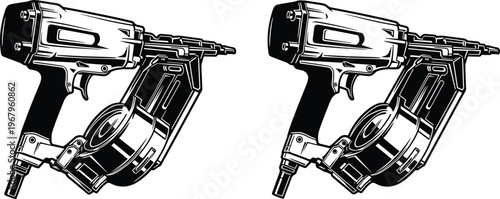 Professional pneumatic coil nail gun vector illustration set featuring industrial power tool silhouettes for roofing construction and home renovation projects,
