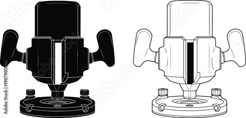 Woodworking plunge router power tool vector set featuring black silhouette and line art styles for carpentry, furniture making, and industrial design.
