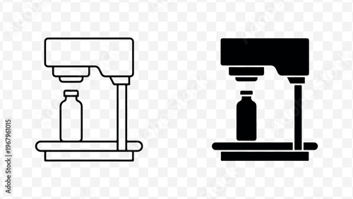 black and white line art and solid icon set of milk bottle pasteurization machine for food processing and dairy industry isolated on Transparent Background