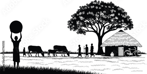 African rural village life silhouette with traditional hut, people walking, grazing cattle under large tree, and woman carrying water pot on head