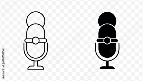 Minimalist black and white microphone icons for podcasting and voice recording isolated on Transparent Background