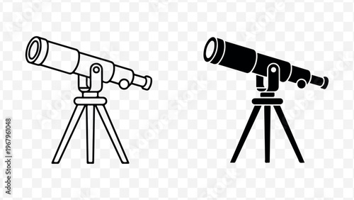 Monochrome line art and solid black telescope icons for astronomy and science themes isolated on Transparent Background