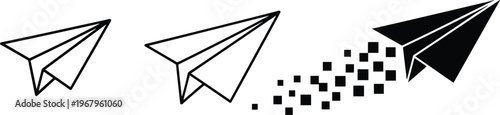 Paper plane vector set featuring minimal line art, thin stroke outline, and solid black airplane with digital pixel trail effects.
