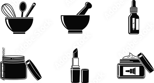 Beauty cosmetics and skin care product icons set featuring mixing bowl mortar and pestle dropper bottle cream jars and lipstick containers
