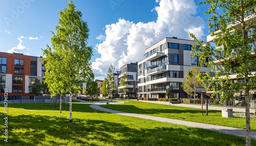 Modern apartment buildings with trees and green lawn