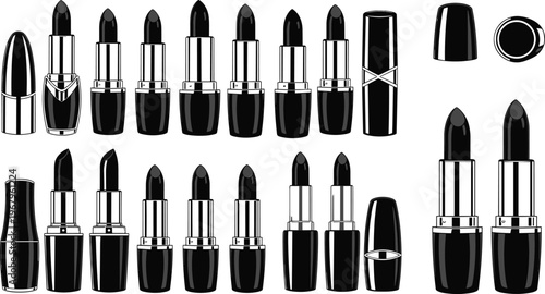 Black and white lipstick collection set featuring various cosmetic product tubes and open lipstick containers for professional makeup and beauty industry design