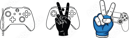 Video game controller vector line art set with hand showing victory sign and peace gesture for gaming competition and esports,