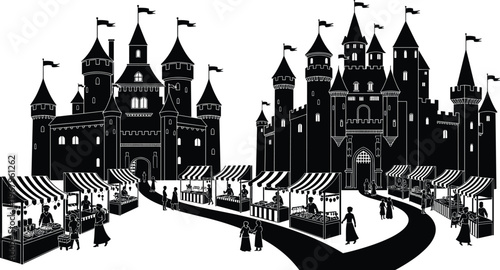 Black and white silhouette of a medieval market scene with castle towers, market stalls, and people walking on a village road.