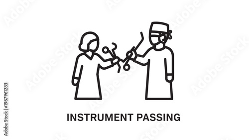 A simple line drawing of two medical professionals passing surgical instruments, representing teamwork in a clinical setting, ideal for medical, healthcare, and educational materials.
